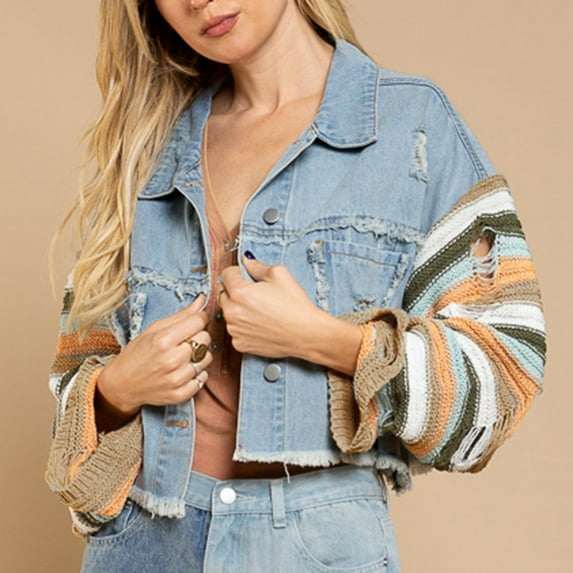 Lilgiuy Women's Trend Splicing Solid Color Buttoned Long Sleeve Jacket Short Denim Jacket Winter Dresses for 2022