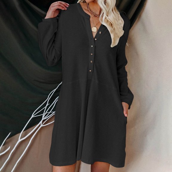 Lilgiuy Women’s Trendy Causal Pocket Button Round Neck Long Sleeve Dresses for Class Reunion