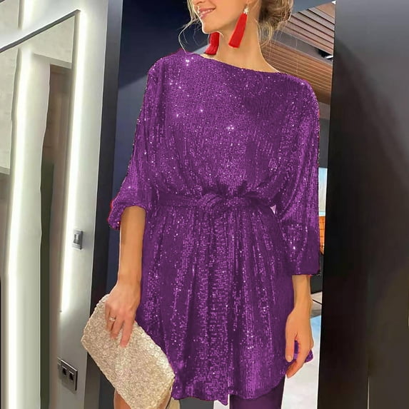 Lilgiuy Women's Trendy Crewneck Sequin Long Sleeve Solid Mini Dress Formal Dress for Carnival Time