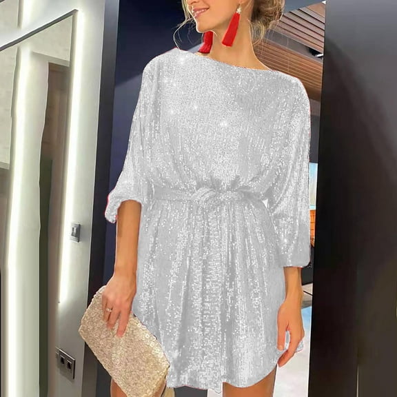Lilgiuy Women's Trendy Crewneck Sequin Long Sleeve Solid Mini Dress Formal Dress for Travel Vacation Holiday
