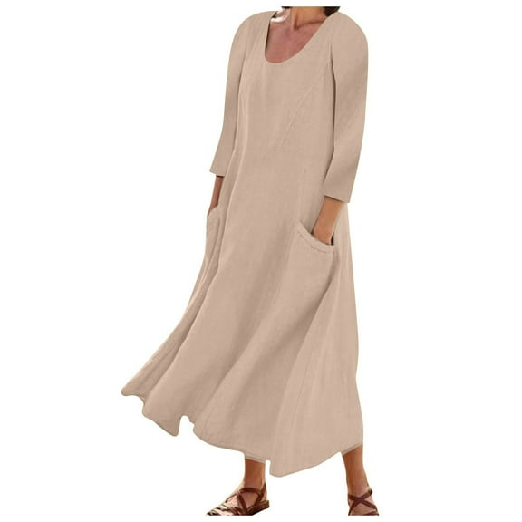 Lilgiuy Women's Trendy Long Sleeve Color Cotton Linen Round Neck Pocket Dress for Women Wedding Guests