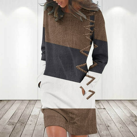 Lilgiuy Women's Trendy Long Sleeve Print Round-Neck Ladies Holiday Outing Long Dress Gifts for Your Family Menber