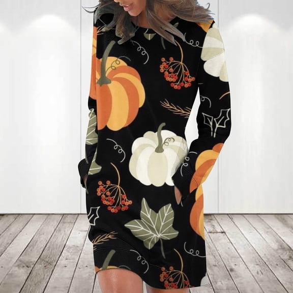 Lilgiuy Women's Trendy Long Sleeve Print Round-Neck Ladies Holiday Outing Long Dress for Boots Sandals Sneakers