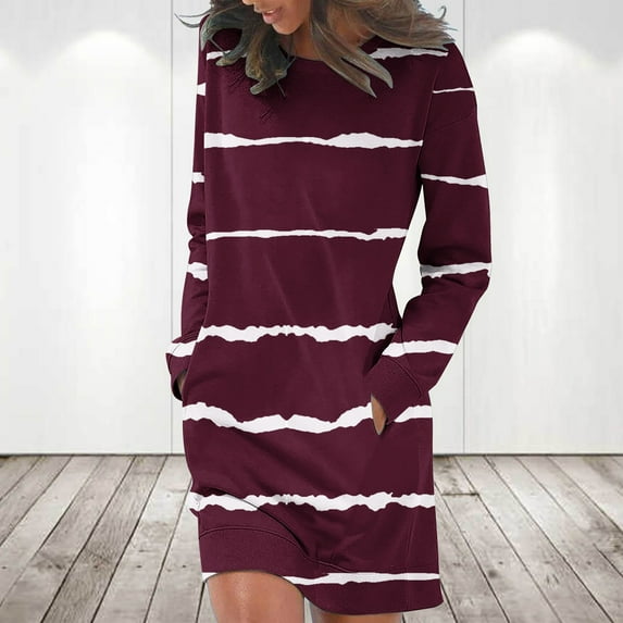 Lilgiuy Women's Trendy Long Sleeve Print Round-Neck Ladies Holiday Outing Long Dress for Home Leisure