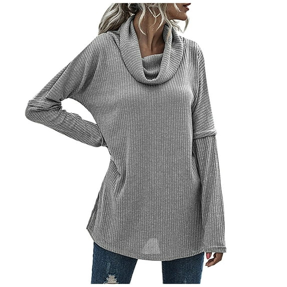 Lilgiuy Women's Turtleneck Solid Color Sweater Long-sleeve Patchwork Slit Knitted Sweater,Gray,6 2022 Fall Winter