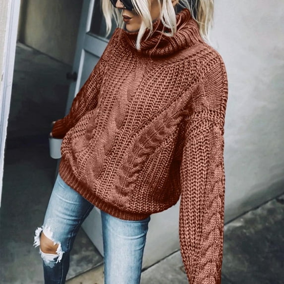 Lilgiuy Women's Turtleneck Sweater Casual Solid Color Long Sleeve Knitted Pullover Winter Warm Sweater for Going Out