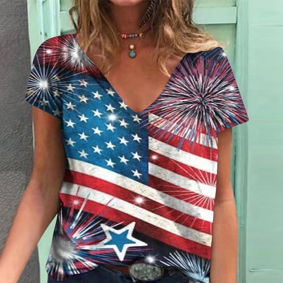 Lilgiuy Women's V-Neck Blouse Short Sleeve Independence Printed Tank Tops Casual Summer Blouse