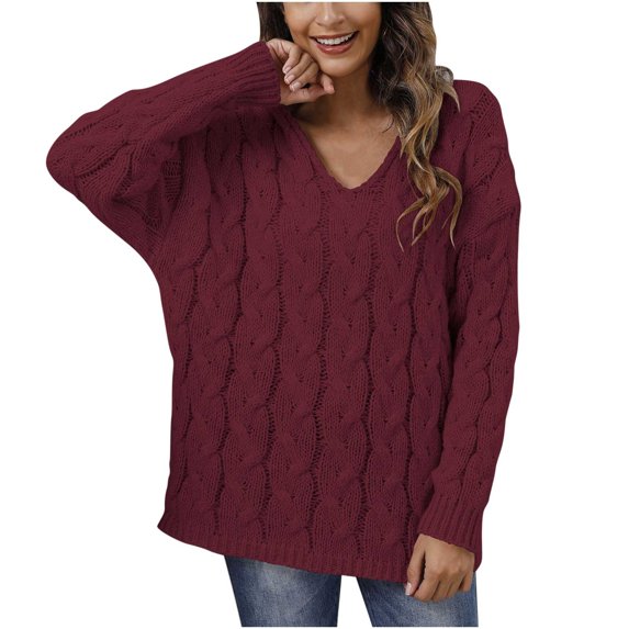 Lilgiuy Women's V-Neck Casual Solid Color Knit Long Sleeve Hooded Pullover Sweater Top Winter Fashion 2022