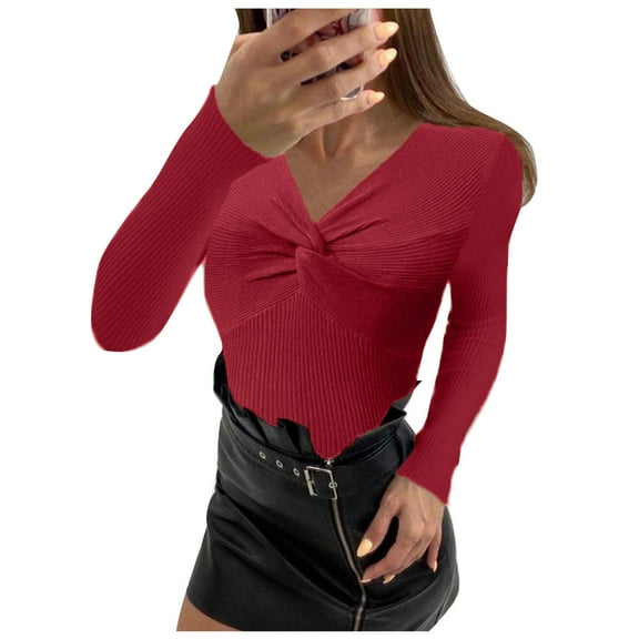 Lilgiuy Women's V-Neck Long-Sleeve Knitted Sweater Bottoming Shirt Tops Blouse,Red,4 2022 Fall Winter