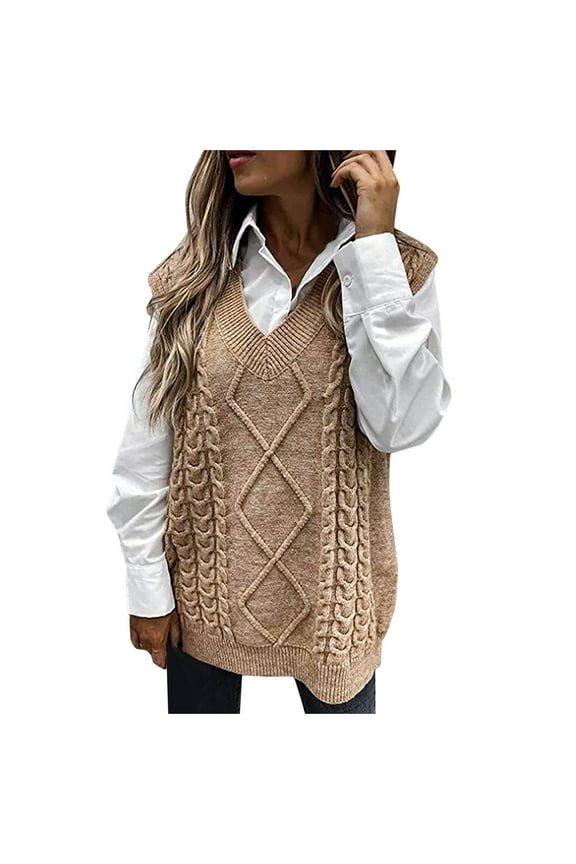 Women 's V-neck Multicolor Knitted Solid Sweater Casual Vest Tops Khaki Fall Clothes for 2022 Spring Winter