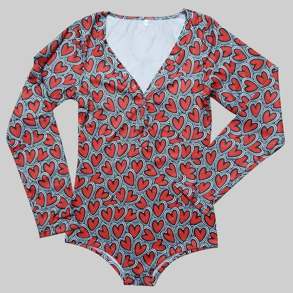 Lilgiuy Women's Valentine's Day Not Positioned Print V-neck Long Sleeve Charming Bodysuit Charming Pajamas Pajamas Romper for Wedding Anniversary