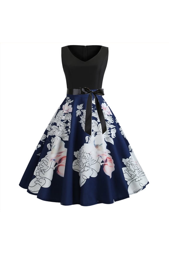 Women's Vintage Print V-Neck Sleeveless Swing Dress Fall Dresses for 2022 Spring Winter