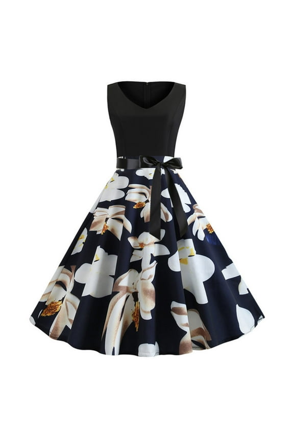 Women's Vintage Print V-Neck Sleeveless Swing Dress Fall Dresses for 2022 Spring Winter