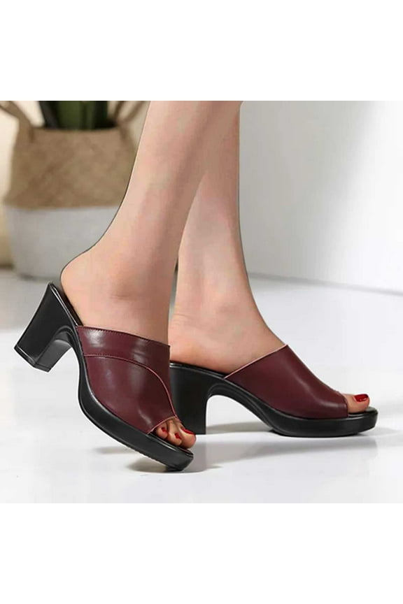 Women's Wedge Platform Sandals Summer Casual Round Open Toe Chunky High Heel Slip-On Slides Mules for Weddings Proms Dances(Wine)