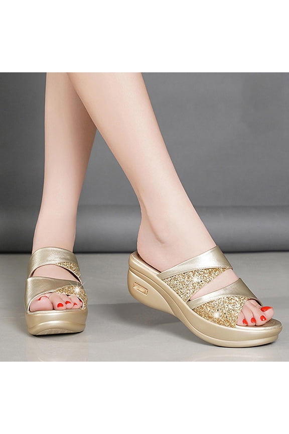 Women's Wedge Platform Slide Sandals Trendy Shiny Summer Slippers Comfortable Dress Walking Shoes Ladies Beach Sandals Playwear(Gold,10)