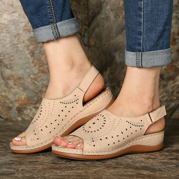 Lilgiuy Women's Wedge Sandals Cut-Out Vamp Open Toe Slingback Beach Sandals Comfort Casual Walking Sandals with Arch Support for Spa(Beige,6)