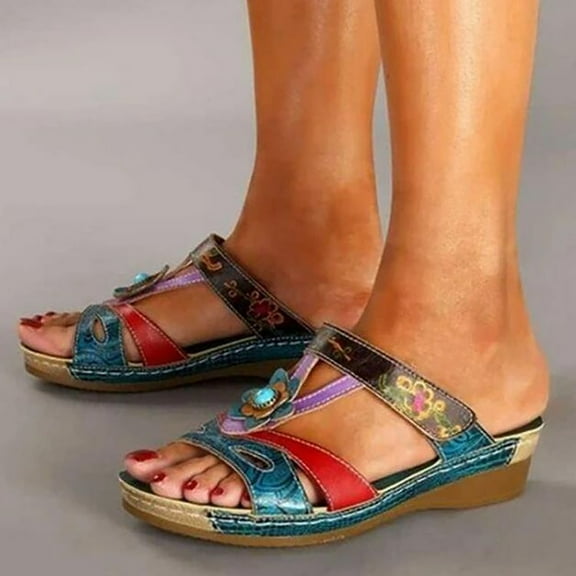 Lilgiuy Women's Wedge Sandals Slide Sandals Comfort Slip on Slides Open Toe Casual Slippers Vintage Flower Orthotic Sandals Gifts for Your Family or Friends(Blue,10.5)