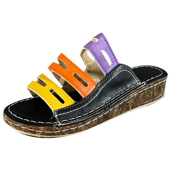 Lilgiuy Women's Wedge Sandals Slip on Open Toe Strappy Wedges Arch Support Sandals Summer Casual Slide Sandals for Travel (Black,10)