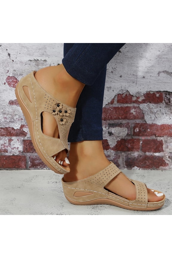 Women's Wedge Slide Sandals Summer Slip on Platform Flowers Slides Casual Beach Sandals Dressy Slippers Comfortable Dress Walking Shoes for Seaside Hawaiian(Khaki,6)