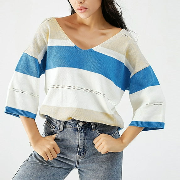 Lilgiuy Women‘s Winter Casual Loose Color Blocking V-Neck Long Sleeve Pullover Knitted Sweater Top Blouse Sweater for Daily Life