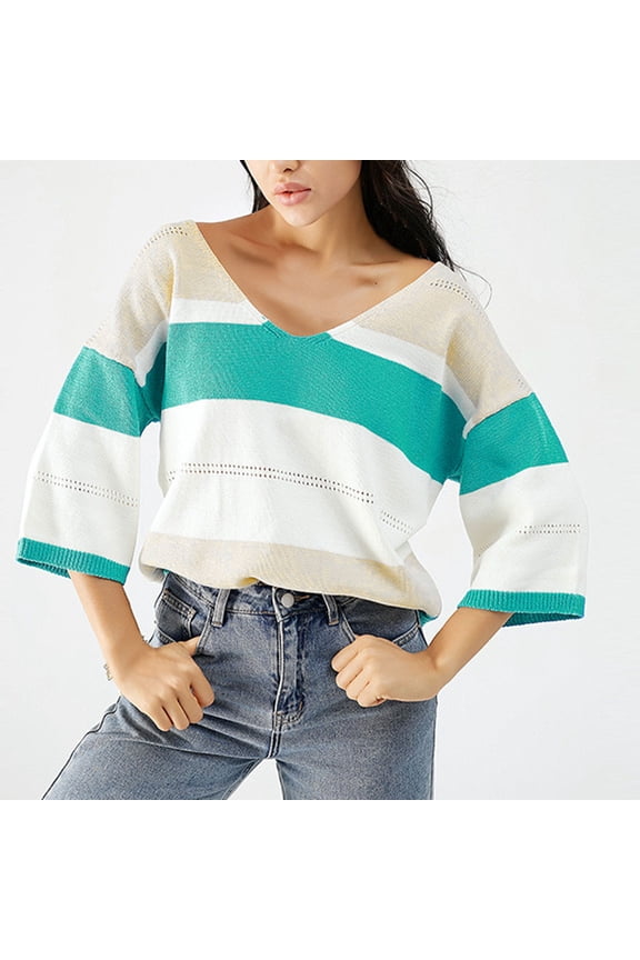 Womenâs Winter Casual Loose Color Blocking V-Neck Long Sleeve Pullover Knitted Sweater Top Blouse Sweater for Relaxing