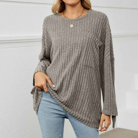 Lilgiuy Women's Winter Casual Solid Color Round Neck Long Sleeves Knitted Pits Loose Sweater Tops Gift for Your Mom Aunt Grandma