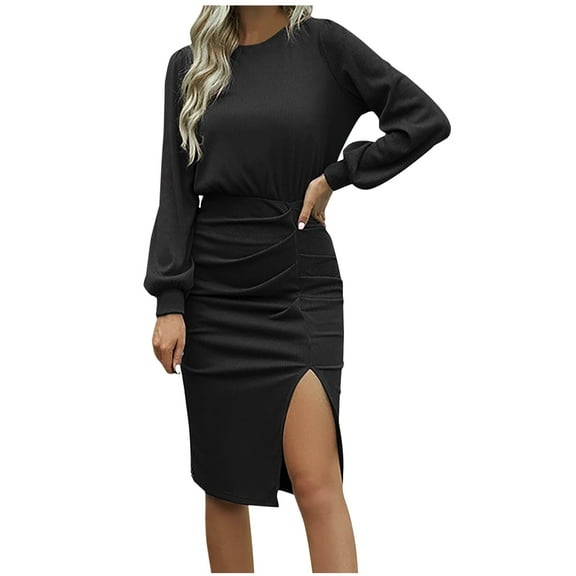 Lilgiuy Women's Winter Casual Solid Threaded Lantern Long Sleeve Knitted Slit Bag Hip Round Neck Dress for Dance Performance