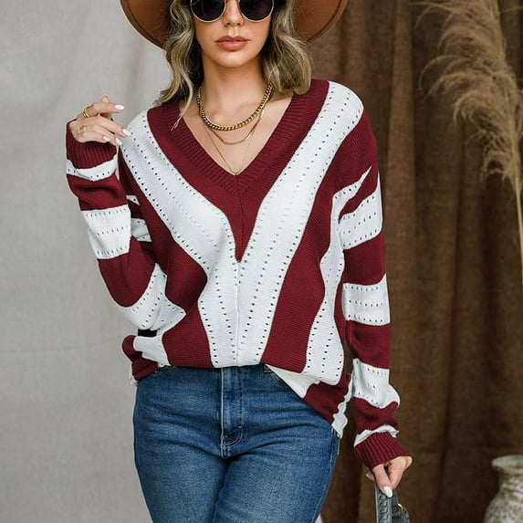 Lilgiuy Women‘s Winter Casual Striped Color Blocking V-Neck Long Sleeve Pullover Knitted Sweater Top Blouse Sweater for Dance Performance
