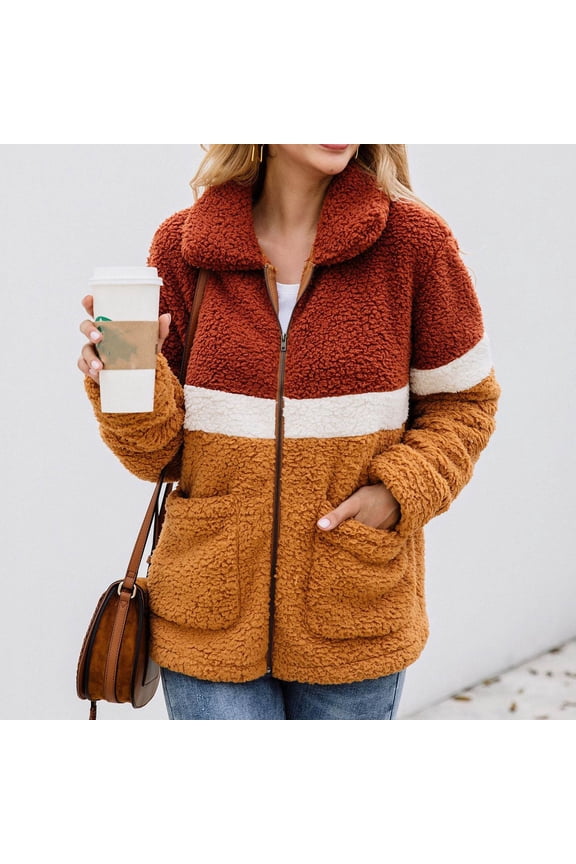 Women's Winter Lapel Colorblock Long Sleeve Button Plush Jacket Tops Gift for Your Friends and Family