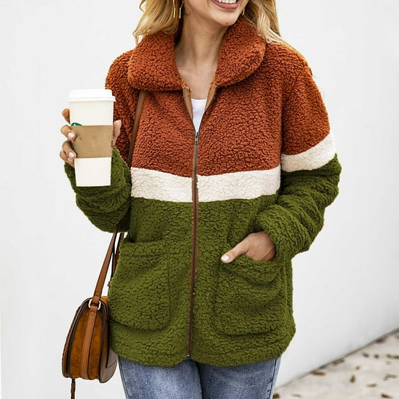 Lilgiuy Women's Winter Lapel Colorblock Long Sleeve Button Plush Jacket Tops for Camping Hiking