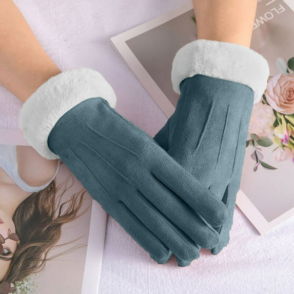 Lilgiuy Women's Winter Warm Gloves Fashion Solid Color Suede Lovely Daily Thickened Coldproof Soft Mittens for Running Cycling Blue