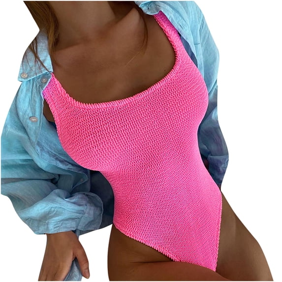 Lilgiuy Women's Wrinkled Cloth Wave Fluorescent Color One-piece Swimsuit Swimsuit,Pink,10 2022 Fall Winter
