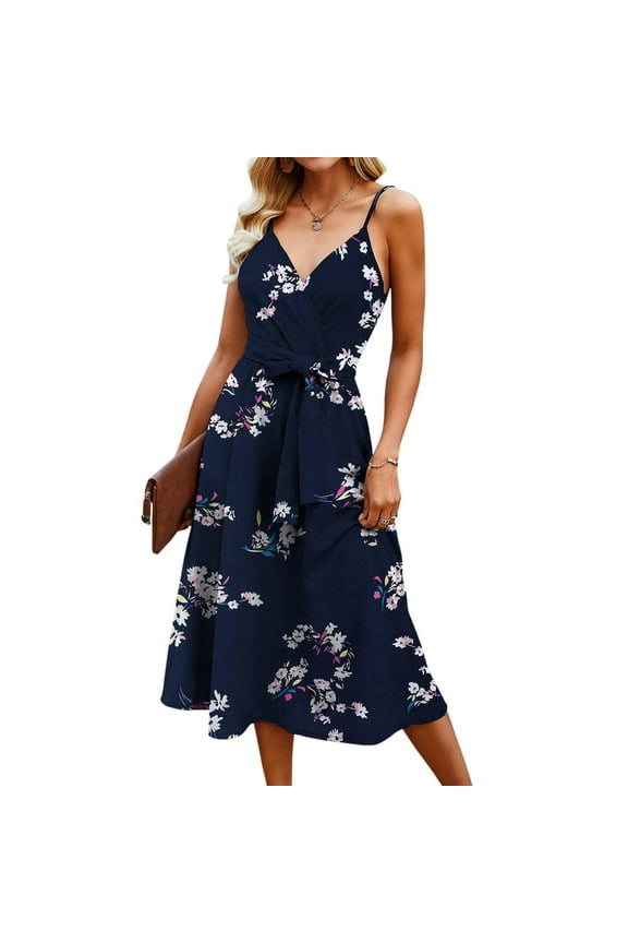 Women'sV-Neck Sleeveless Printed Print Mid Claf Dresses +Belt Navy,10 Fall Dresses for 2022 Spring Winter