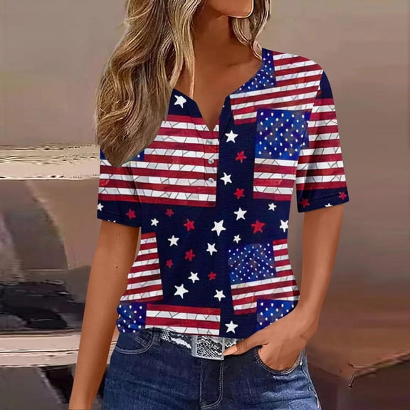 Lilgiuy Womens 4th of July Tops V Neck Buttons Trendy Shirts Short Sleeve Dressy Blouses 2024 American Flag Star Print Shirts Clothes(Navy,S)
