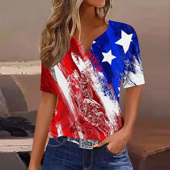 Lilgiuy Womens 4th of July Tops V Neck Buttons Trendy Shirts Short Sleeve Dressy Blouses 2024 American Flag Star Print Shirts Clothes(Red,3XL)