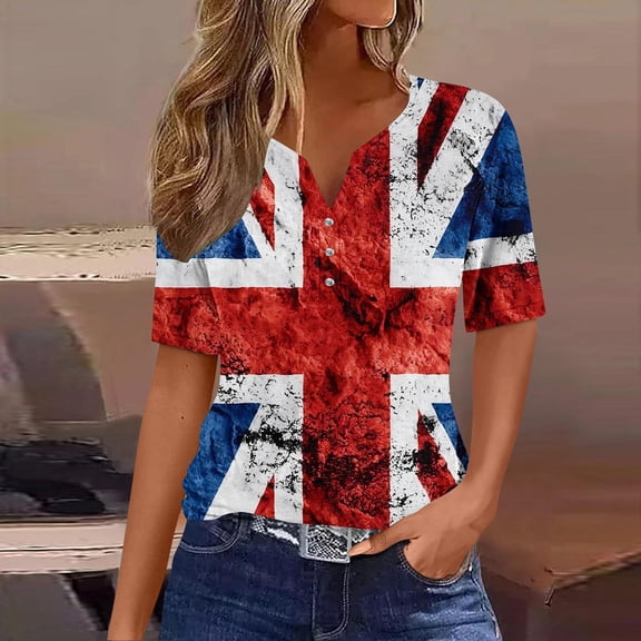Lilgiuy Womens 4th of July Tops V Neck Buttons Trendy Shirts Short Sleeve Dressy Blouses 2024 American Flag Star Print Shirts Clothes(Red,3XL)