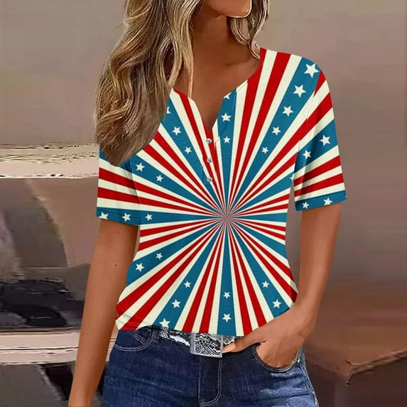 Lilgiuy Womens 4th of July Tops V Neck Buttons Trendy Shirts Short Sleeve Dressy Blouses 2024 American Flag Star Print Shirts Clothes(Red,L)