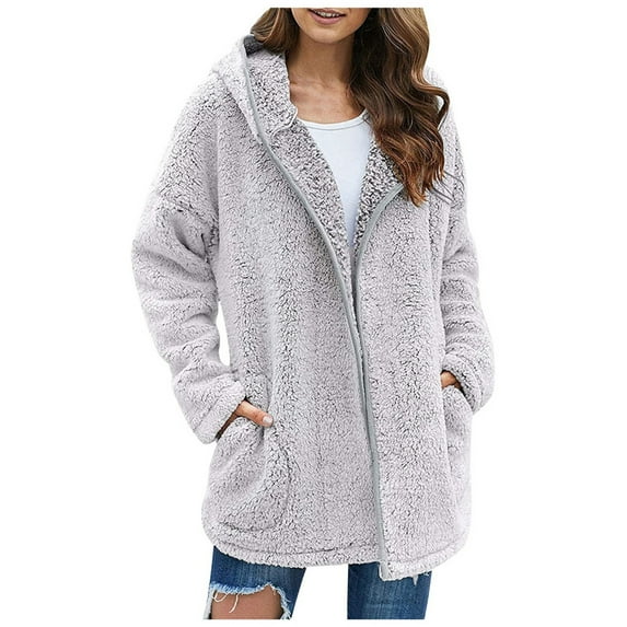 Lilgiuy Womens Autumn And Winter Casual Temperament Hooded Solid Color Lapel Plush Coat Tops Gray10 Winter Fashion 2022