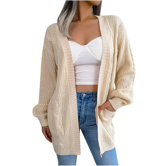Lilgiuy Womens Autumn Winter Solid Color Pocket Long Sleeve Cardigan Sweater Jacket TopsBeige8 Winter Clothes for 2022