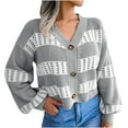 thumbnail image 1 of Lilgiuy Womens Autumn Winter Stripes Lantern Sleeve Long Sleeve Cardigan Sweater Coat TopsGray4 Winter Clothes for 2022, 1 of 5