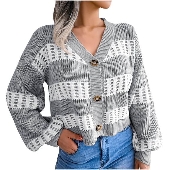 Lilgiuy Womens Autumn Winter Stripes Lantern Sleeve Long Sleeve Cardigan Sweater Coat TopsGray4 Winter Clothes for 2022