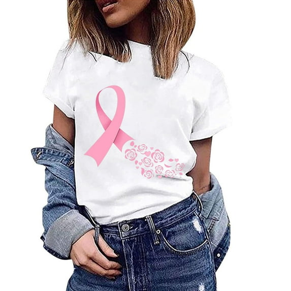 Lilgiuy Womens Breast Cancer Awareness Tops,Womens Loose T-Shirts Casual Graphic Short Sleeve Round Neck Motivational Blouse Gifts for Your Family or Friends