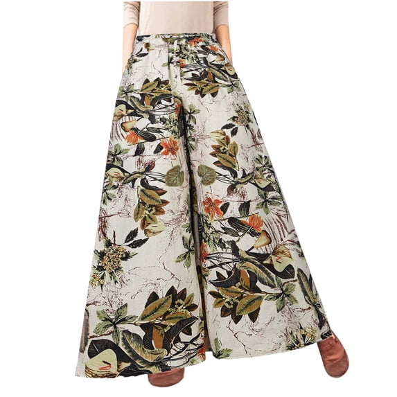 Lilgiuy Womens Casual Floral Printed Bandage Elasty Maxi Trousers Wide Leg Pants Beige 8 2022 Fall Winter