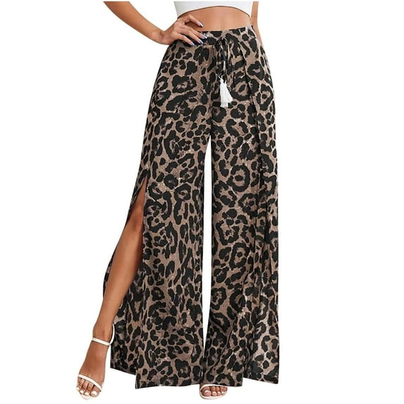 Lilgiuy Womens Casual Floral Printed Bandage Elasty Spilt Maxi Trousers Wide Leg Pants Brown 6 Winter Clothes for 2022