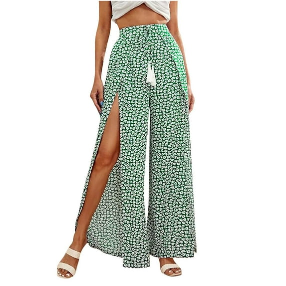 Lilgiuy Womens Casual Floral Printed Bandage Elasty Spilt Maxi Trousers Wide Leg Pants Green 8 2022 Fall Winter
