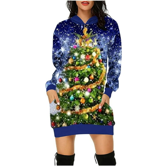 Lilgiuy Womens Christmas Print Hoodie Dress Long Sleeve Loose Hooded Sweatshirt Tops with Pockets Casual Mini Dress Pullover for Holiday Fmily Celebration