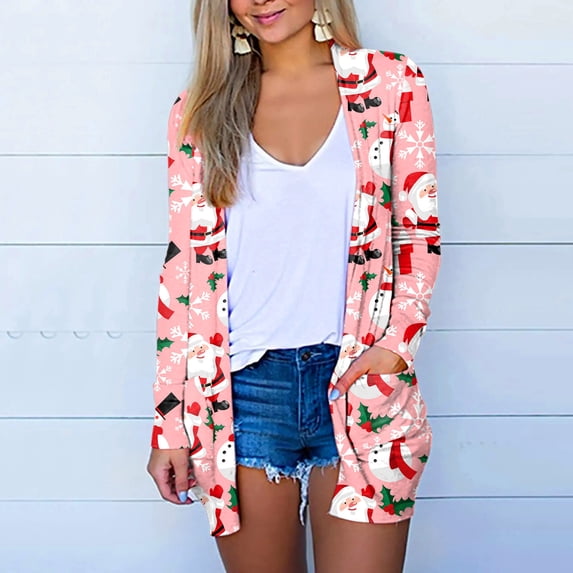Lilgiuy Womens Christmas Printed Coat Long Sleeve Cardigan With Pocket Loose Casual Blouse Tops Pink10 2022 Fall Winter