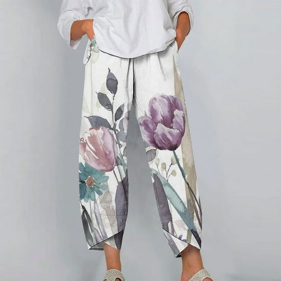 Lilgiuy Womens Elastic Waist Buttons Printing Thin Stretch Skinny Pants Trousers for Errands Exercise