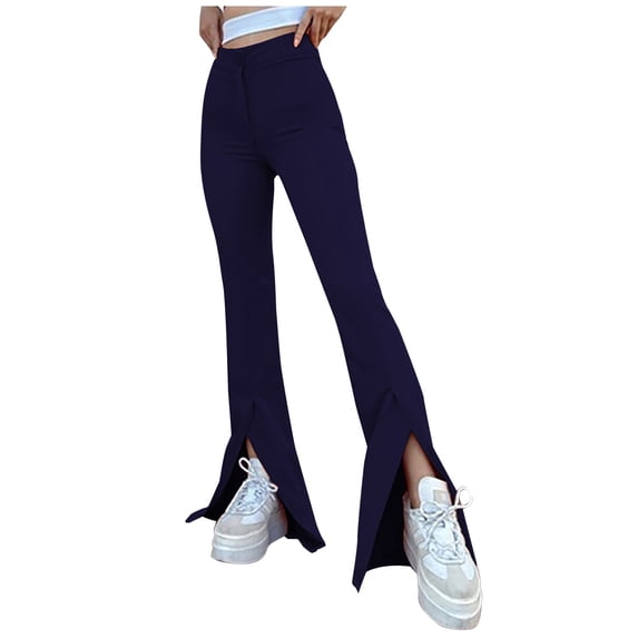 Lilgiuy Womens Fashion Summer Solid Casual Button Zipper Elastic Waist Long Flared Pants Dark Blue 4 2022 Fall Winter