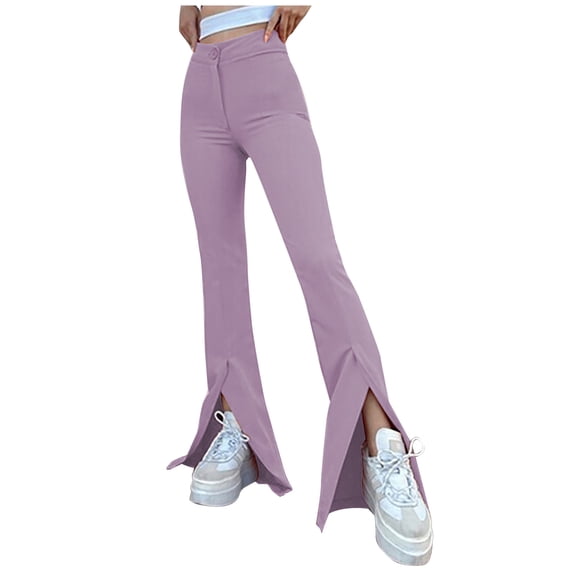 Lilgiuy Womens Fashion Summer Solid Casual Button Zipper Elastic Waist Long Flared Pants Purple 14 2022 Fall Winter